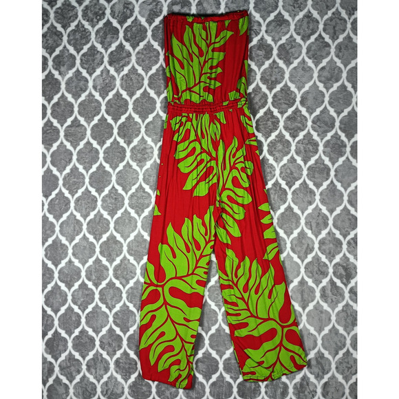 Hula Bay Jumpsuit Womens Medium Red Green Strapless Wide Leg Tropical Leaf Rayon - Picture 14 of 16